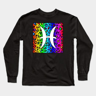 Pisces Zodiac Horoscope Rainbow Leopard Print Square Monogram Long Sleeve T-Shirt